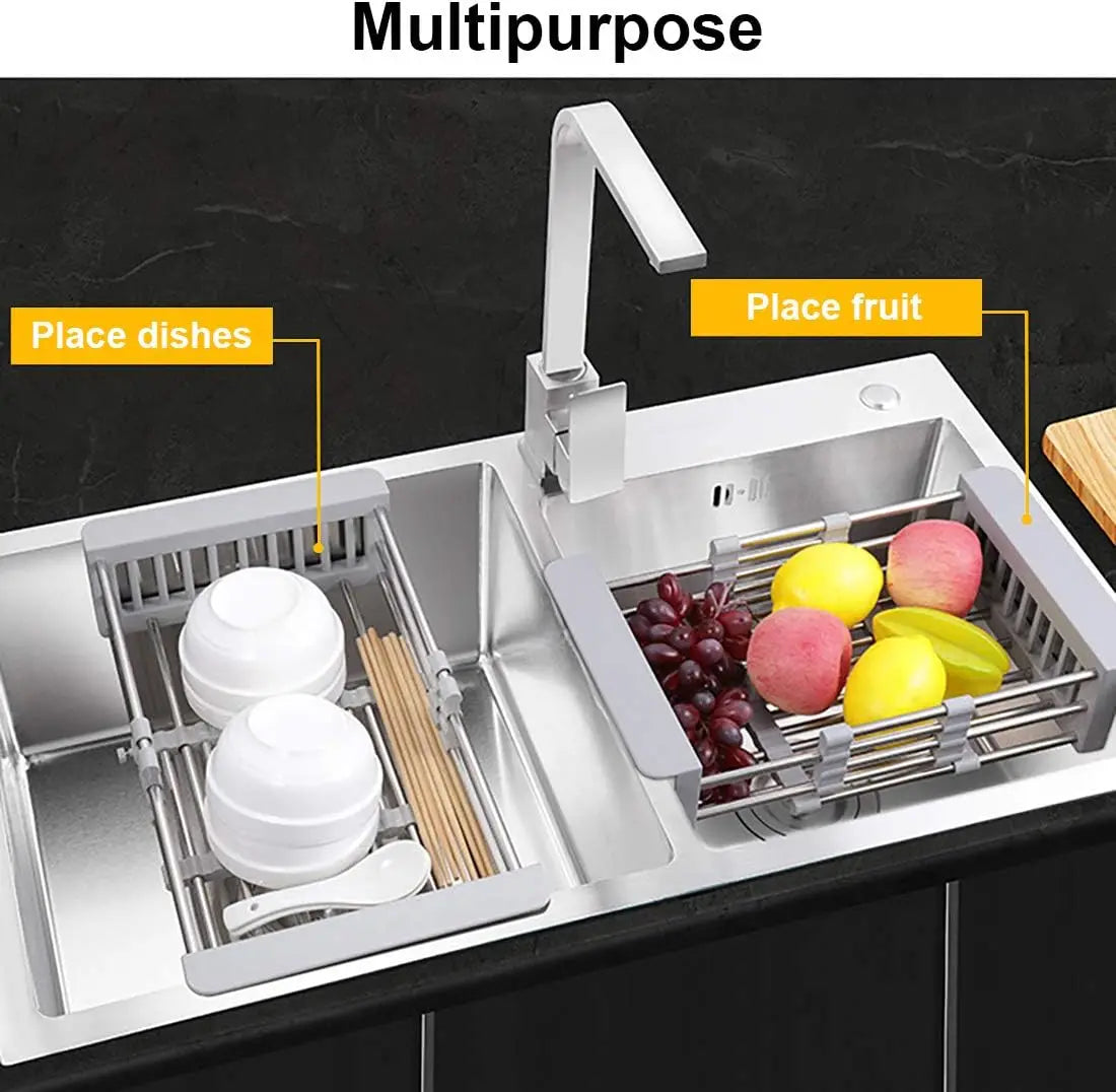 Expandable Stainless Steel Over the Sink Dish Drying Rack & Kitchen Drain Basket