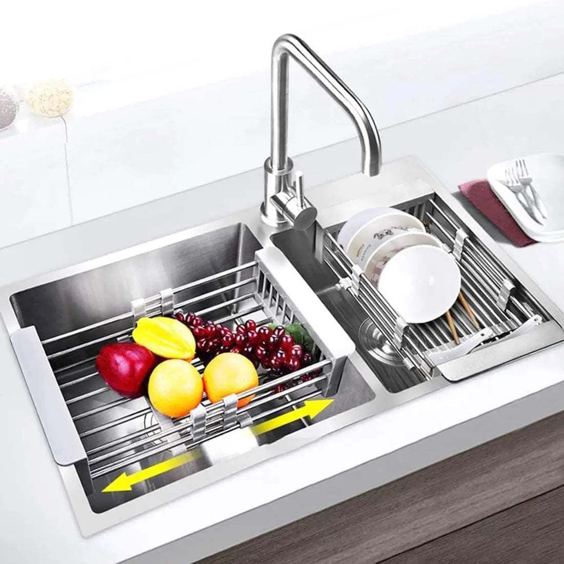 Expandable Stainless Steel Over the Sink Dish Drying Rack & Kitchen Drain Basket