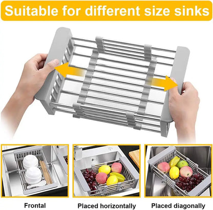 Expandable Stainless Steel Over the Sink Dish Drying Rack & Kitchen Drain Basket