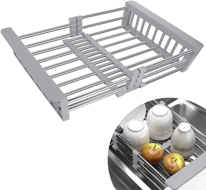 Expandable Stainless Steel Over the Sink Dish Drying Rack & Kitchen Drain Basket