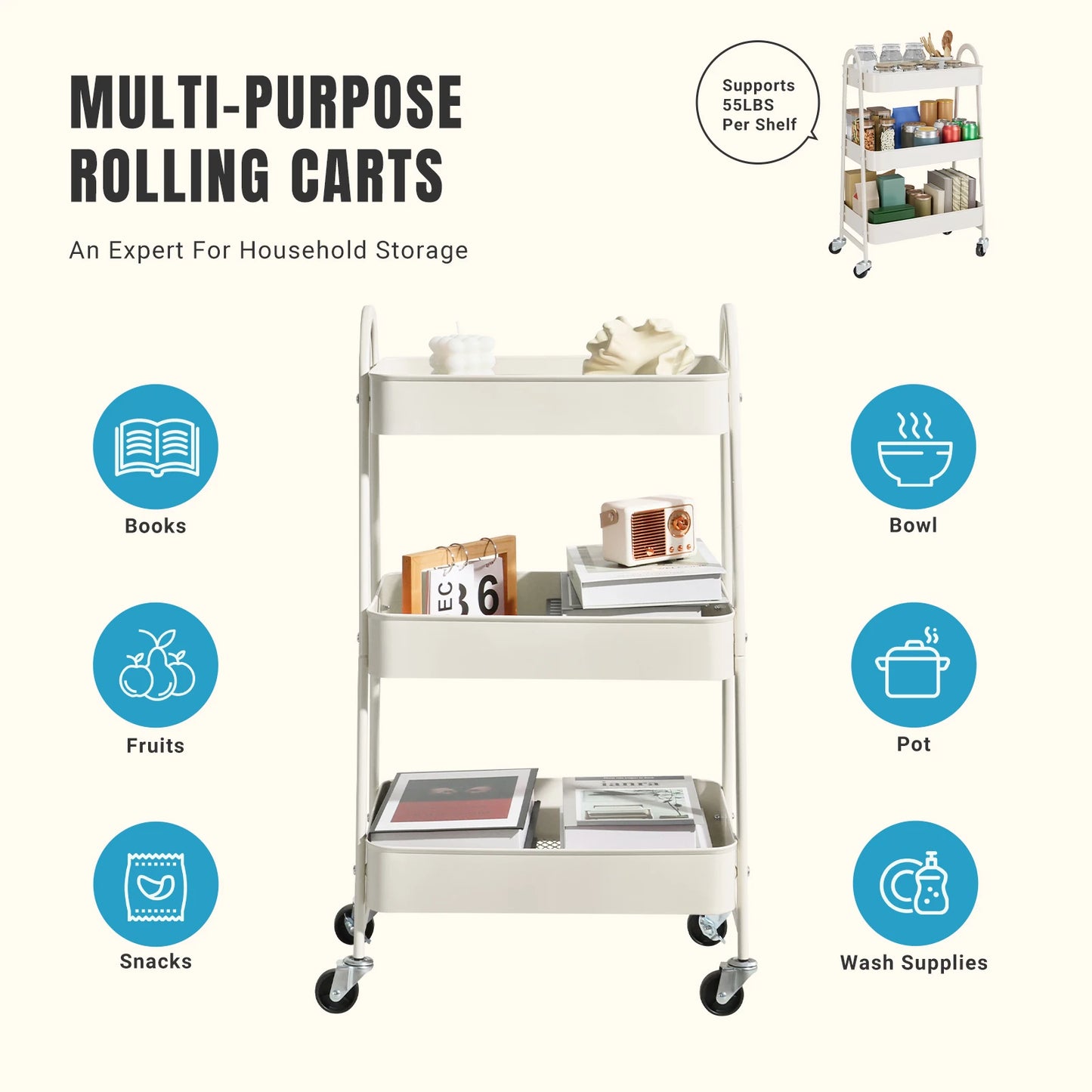 3-Tier Rolling Utility Cart – Heavy-Duty Storage Organizer Trolley with Wheels