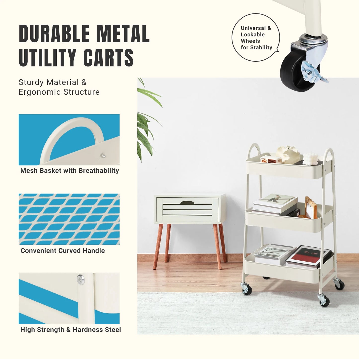 3-Tier Rolling Utility Cart – Heavy-Duty Storage Organizer Trolley with Wheels